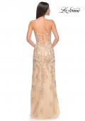 Picture of: Embroidered Lace Fitted Prom Dress with Lace Edge Slit in Champagne, Style: 32013, Detail Picture 3