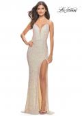 Picture of: Stretch Sequin Gown with Deep V Neck and Tie Back in Champagne, Style: 31072, Detail Picture 6