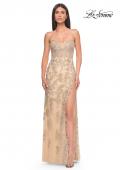 Picture of: Embroidered Lace Fitted Prom Dress with Lace Edge Slit in Champagne, Style: 32013, Detail Picture 6