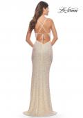 Picture of: Stretch Sequin Gown with Deep V Neck and Tie Back in Champagne, Style: 31072, Detail Picture 7