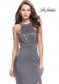 Picture of: Long Jersey Prom Dress with High Neck and Beading in Charcoal, Style: 26130, Main Picture