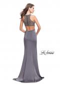 Picture of: Long Jersey Prom Dress with High Neck and Beading in Charcoal, Style: 26130, Back Picture
