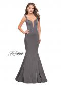 Picture of: Long Jersey Mermaid Prom Dress with Deep V in Charcoal, Style: 25485, Detail Picture 1