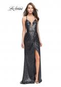 Picture of: Sequined Prom Dress with Wrap Side Leg Slit and Racer Back in Charcoal, Style: 25661, Detail Picture 1