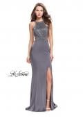 Picture of: Long Jersey Prom Dress with High Neck and Beading in Charcoal, Style: 26130, Detail Picture 1