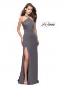 Picture of: Jersey Prom Dress with Beaded Straps and High Neckline in Charcoal, Style: 25698, Detail Picture 2
