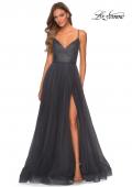 Picture of: Tulle A-line Dress with Patterned Rhinestone Bodice in Charcoal, Style: 28511, Detail Picture 6