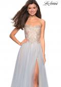 Picture of: Strapless Tulle Gown with Metallic Floral Appliques in Cloud Blue/Gold, Style: 27795, Main Picture