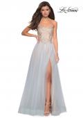 Picture of: Strapless Tulle Gown with Metallic Floral Appliques in Cloud Blue/Gold, Style: 27795, Detail Picture 1