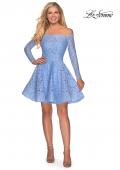 Picture of: Short Lace Dress with Off The Shoulder Long Sleeves in Cloud Blue, Style: 28175, Detail Picture 8