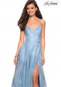 Picture of: Lace Prom Dress with Floral Detail and Side Leg Slit in Cloud Blue, Style: 27704, Main Picture