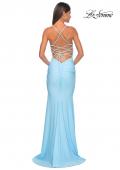 Picture of: Neon Ruched Jersey Dress with Rhinestone Mesh Draped Top in Cloud Blue, Style: 32320, Detail Picture 8