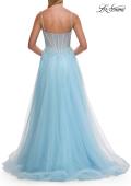 Picture of: Lace Corset Tulle Gown with High Slit and A-Line Skirt in Cloud Blue, Style: 33436, Detail Picture 11