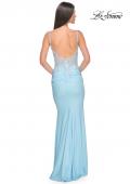 Picture of: Illusion Lace V Neck Top with Jersey Skirt Dress in Bright Colors in Cloud Blue, Style: 31128, Back Picture