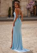 Picture of: Ruched Rhinestone Wrap Gown with Lace-Up Back and High Slit in Cloud Blue, Style: 33340, Back Picture