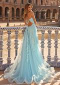 Picture of: Beaded A-Line Tulle Gown with Slit and Open Tie Back in Cloud Blue, Style: 33715, Back Picture