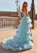 Picture of: Tiered Ruffle Gown with Strapless Corset Bodice and Rhinestones in Cloud Blue, Style: 33812, Back Picture