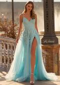 Picture of: Beaded A-Line Tulle Gown with Slit and Open Tie Back in Cloud Blue, Style: 33715, Detail Picture 1