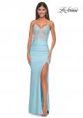 Picture of: Fitted Jersey Prom Dress with Rhinestone Beaded Illusion Bodice in Cloud Blue, Style: 32054, Detail Picture 2