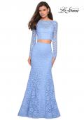Picture of: Stretch Lace Long Sleeve Two Piece Prom Dress in Cloud Blue, Style: 27601