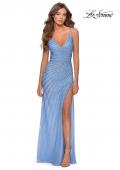 Picture of: Long Luxe Beaded Dress with Slit and Open Back in Cloud Blue, Style: 28646, Detail Picture 6