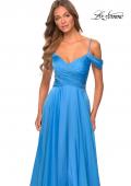 Picture of: Off the Shoulder Chiffon Dress with Scoop Back in Cloud Blue, Style: 28942, Detail Picture 4