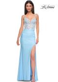 Picture of: Unique Floral Lace Top with Jersey Skirt Prom Dress in Cloud Blue, Style 32957, Detail Picture 5