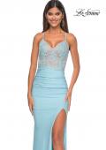Picture of: Fitted Jersey Prom Dress with Rhinestone Beaded Illusion Bodice in Cloud Blue, Style: 32054, Detail Picture 6