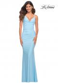 Picture of: Soft Jersey Ruched Dress with Draped Neckline in Cloud Blue, Detail Picture 7