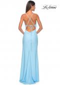 Picture of: Rhinestone Rose Detail Jersey Dress with Draped Neckline in Cloud Blue, Style: 31574, Detail Picture 7
