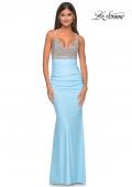 Picture of: Neon Ruched Jersey Dress with Rhinestone Mesh Draped Top in Cloud Blue, Style: 32320, Detail Picture 7