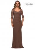 Picture of: Jersey Gown with Sheer Lace Sleeves and Ruching in Cocoa, Style: 28056, Main Picture