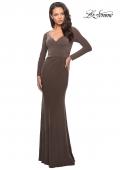 Picture of: Floor Length Jersey Gown with Long Sleeves and Ruching in Cocoa, Style: 25598, Detail Picture 1