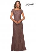 Picture of: Long Lace Evening Dress with Sheer Cap Sleeves in Cocoa, Style: 27856, Detail Picture 1