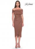 Picture of: Tea Length Fitted Jersey Ruched Off the Shoulder Dress in Cocoa, Style: 30109, Detail Picture 1