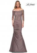 Picture of: Satin Mermaid Gown with Off the Shoulder Lace Bodice in Cocoa, Detail Picture 2