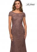 Picture of: Long Lace Evening Dress with Sheer Cap Sleeves in Cocoa, Style: 27856, Detail Picture 4