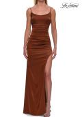 Picture of: Satin Fitted Gown with High Slit and Adjustable Spaghetti Straps in Copper, Style: 33413, Detail Picture 18