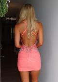 Picture of: Embellished Open-Back Ruched Mini Dress in Coral, Style 33928, Detail Picture 11