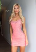Picture of: Embellished Open-Back Ruched Mini Dress in Coral, Style 33928, Detail Picture 13