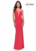 Picture of: Net Jersey Gown with Jeweled Detail in Deep V Neckline in Neon in Coral, Style: 31424, Main Picture