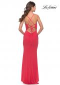 Picture of: Net Jersey Gown with Jeweled Detail in Deep V Neckline in Neon in Coral, Style: 31424, Back Picture