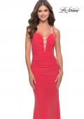 Picture of: Net Jersey Gown with Jeweled Detail in Deep V Neckline in Neon in Coral, Style: 31424, Detail Picture 3