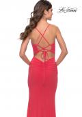 Picture of: Net Jersey Gown with Jeweled Detail in Deep V Neckline in Neon in Coral, Style: 31424, Detail Picture 4