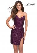 Picture of: Ruched Sequin Mini Dress with Lace Up Back in Dark Berry, Style 30946, Main Picture