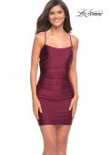 Picture of: Simple Short Jersey Dress with Ruching and Strappy Back in Dark Berry, Detail Picture 1