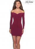 Picture of: Off The Shoulder Long Sleeve Dress with Lace Up Back in Burgundy, Style: 28212, Detail Picture 2