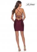 Picture of: Lace Up Back Short Dress with Flattering Ruching in Dark Berry, Style: 30938, Detail Picture 3