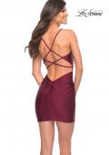 Picture of: Simple Short Jersey Dress with Ruching and Strappy Back in Dark Berry, Detail Picture 6