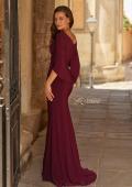 Picture of: Draped Cape Sleeve Jersey Gown with Ruched Bodice in Dark Berry, Style: 33148, Back Picture